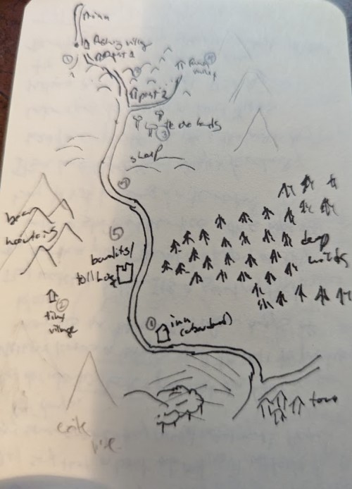 A map of all the places described, in a line along a river: the inn, fishing village, two outposts, the orchards, hills, bandits and a tollhouse with a nearby tiny village and 'bear mountains', a forest across from the bandits labeled 'deep wilds', the inn, and the area around the town. Fawa Valley is off to the side just north of the orchards.