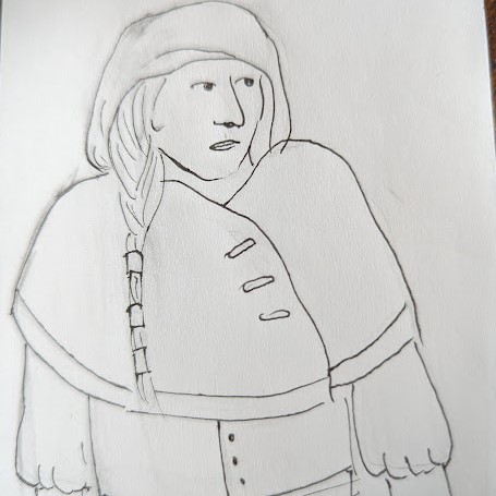 A sketch of a character with a long braid, hood, cloak and shirt with puffy sleeves.