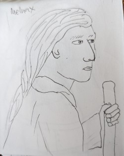 A sketch of a character with long braided hair and a staff, looking off to the side