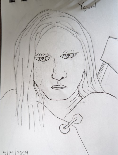 A sketch of a character with long hair and an axe over her back, glaring forward