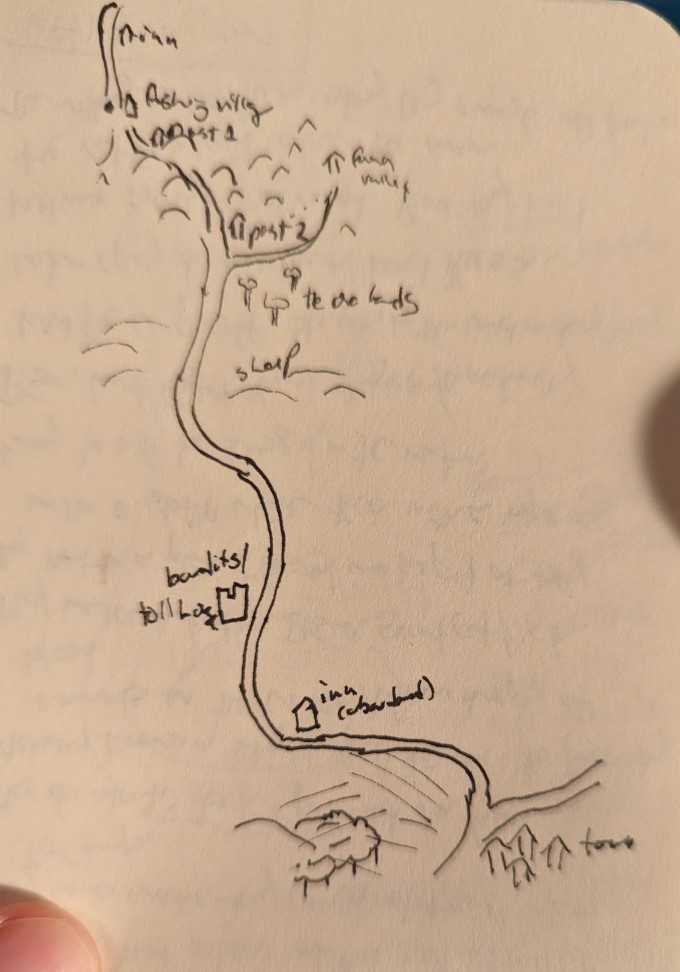 A map of all the places described, in a line along a river: the inn, fishing village, two outpots, the orchards, hills, bandits and a tollhouse, the inn, and the area around the town. Fawa Valley is off to the side just north of the orchards.