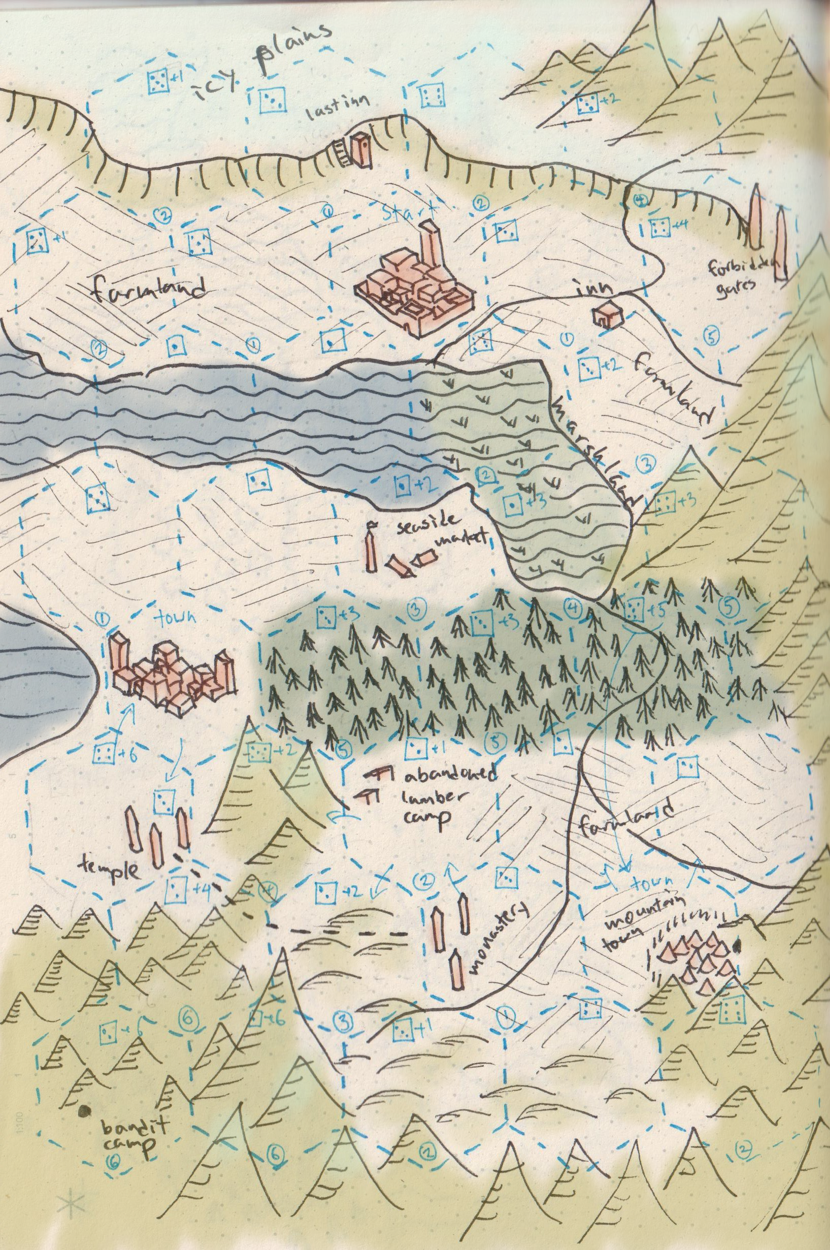 A map showing a mountainous region, with a large city next to a plateau in the north, forest in the middle, a valley to the south with a monastery, water to the west and a town next to the water.