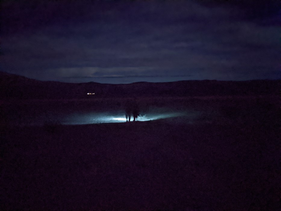 Similar landscape, still dark. Two people in the distance point flashlights away from the camera, illuminating a small area.